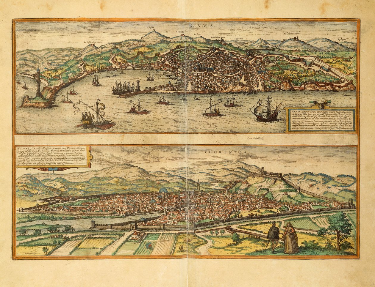 ゲオルグ・ブラウンの「Civitates Orbis Terrarum」よりジェノバとフィレンツェの地図 作： フラン