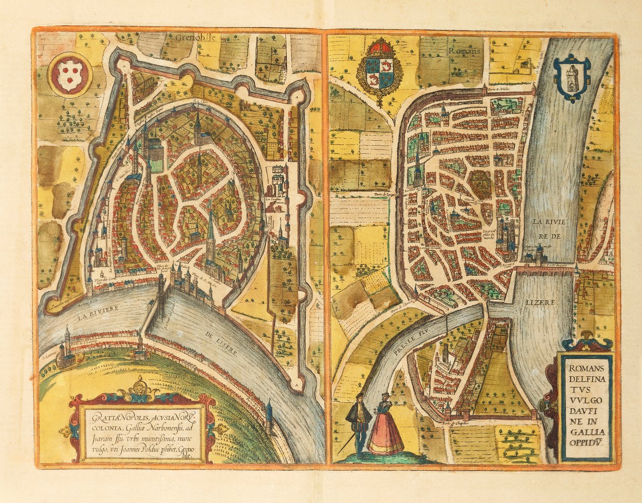 ジョージ・ブラウンの「Civitates Orbis Terrarum」のグルノーブルとルマンの地図 作： フラン