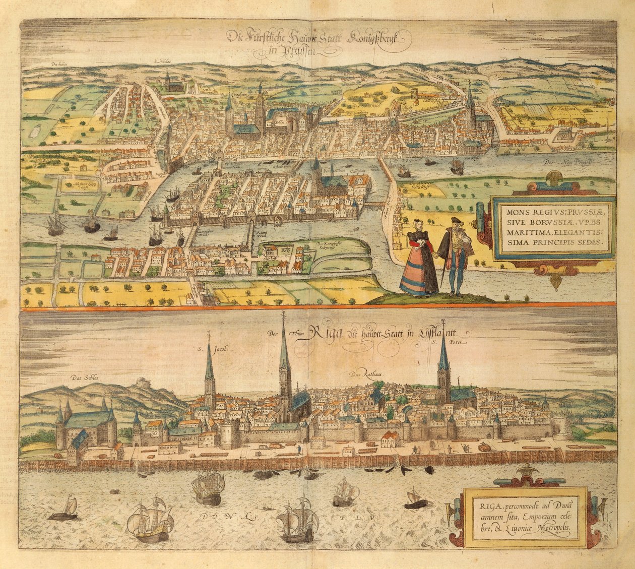 ゲオルグ・ブラウンの「Civitates Orbis Terrarum」からのKonigsbergとRigaの地図 作： フラン