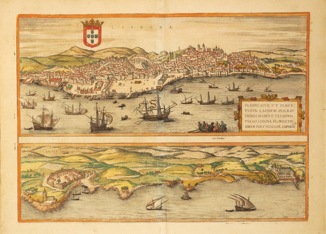 ゲオルグ・ブラウンの「Civitates Orbis Terrarum」によるリスボンとカスカイスの地図 作： フラン