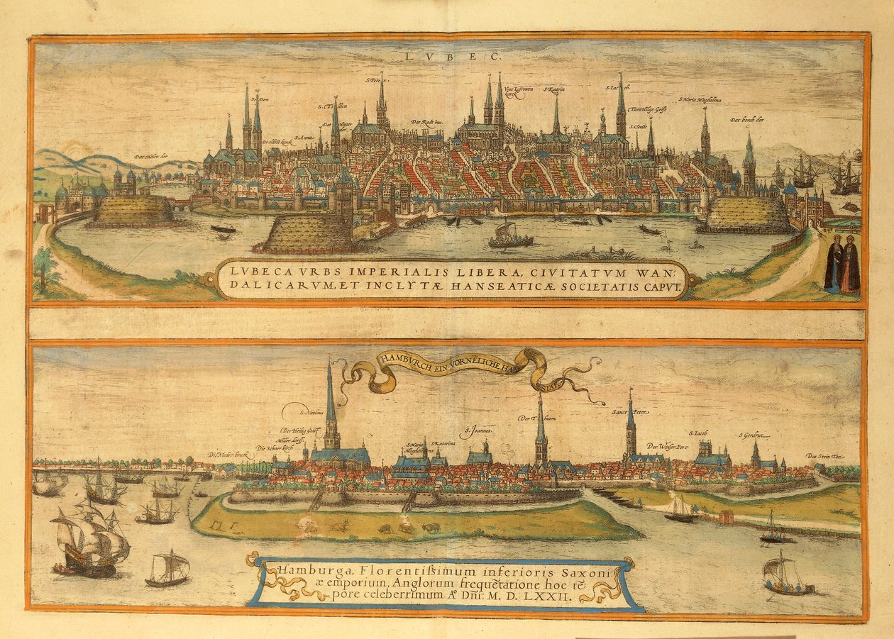 ゲオルグ・ブラウンの「Civitates Orbis Terrarum」よりリューベックとハンブルグの地図 作： フラン