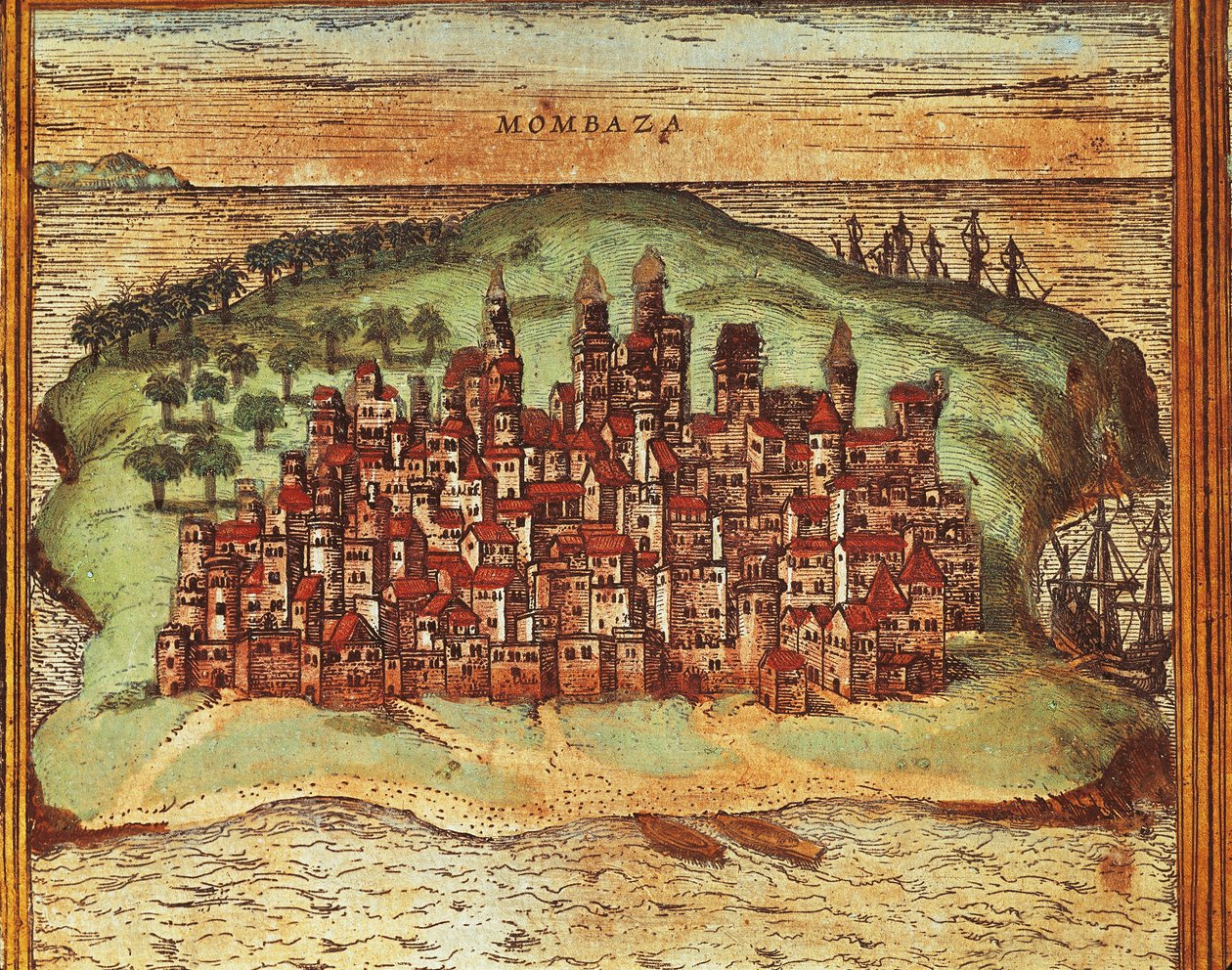 ゲオルグ・ブラウンとフランツ・ホーゲンベルグの『Civitates Orbis Terrarum』に掲載されたケニア・モンバサの地図、エングレーヴィング 作： フラン