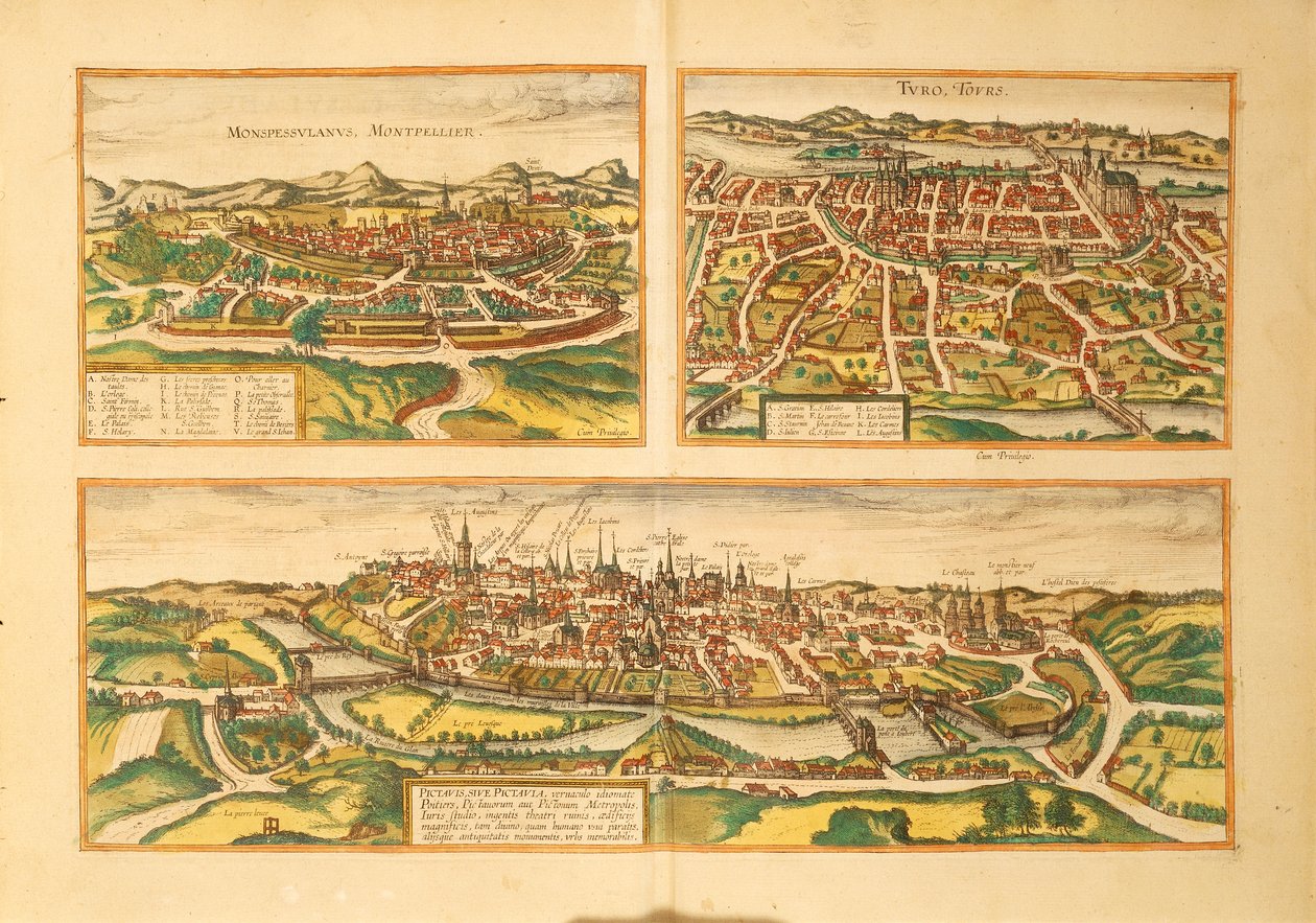 ゲオルグ・ブラウンの「Civitates Orbis Terrarum」より、モンペリエ、トゥール、ポワティエの地図。 作： フラン
