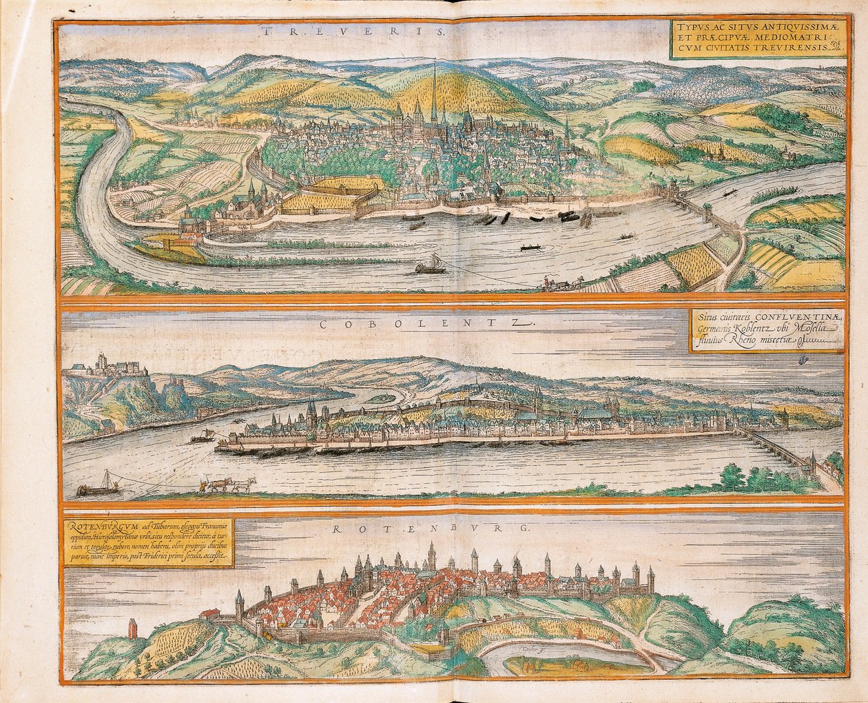 ゲオルグ・ブラウンの「Civitates Orbis Terrarum」より、トリーア、コブレンツ、ローテンブルク・オプ・デア・タウバーの地図。 作： フラン