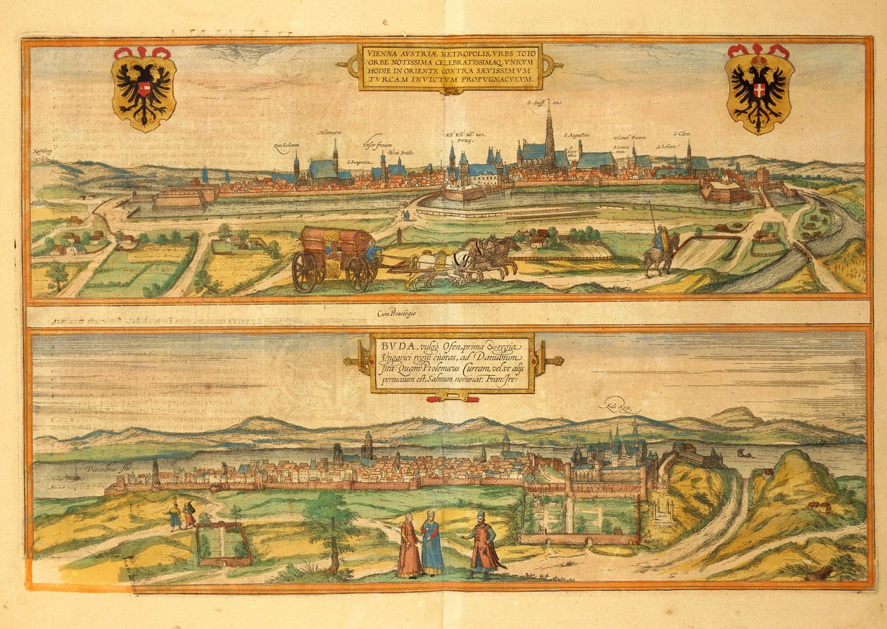 ゲオルク・ブラウンの「Civitates Orbis Terrarum」によるウィーンとブダの地図 作： フラン