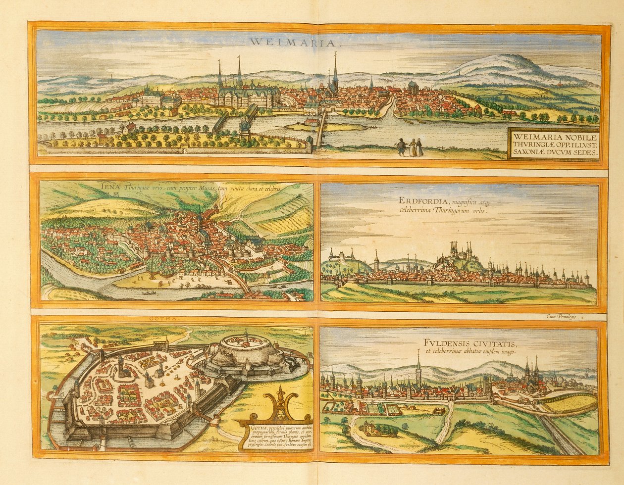 ワイマール、イエナ、エアフルト、ゴータ、フルダの地図（ゲオルグ・ブラウン著『Civitates Orbis Terrarum』より 作： フラン