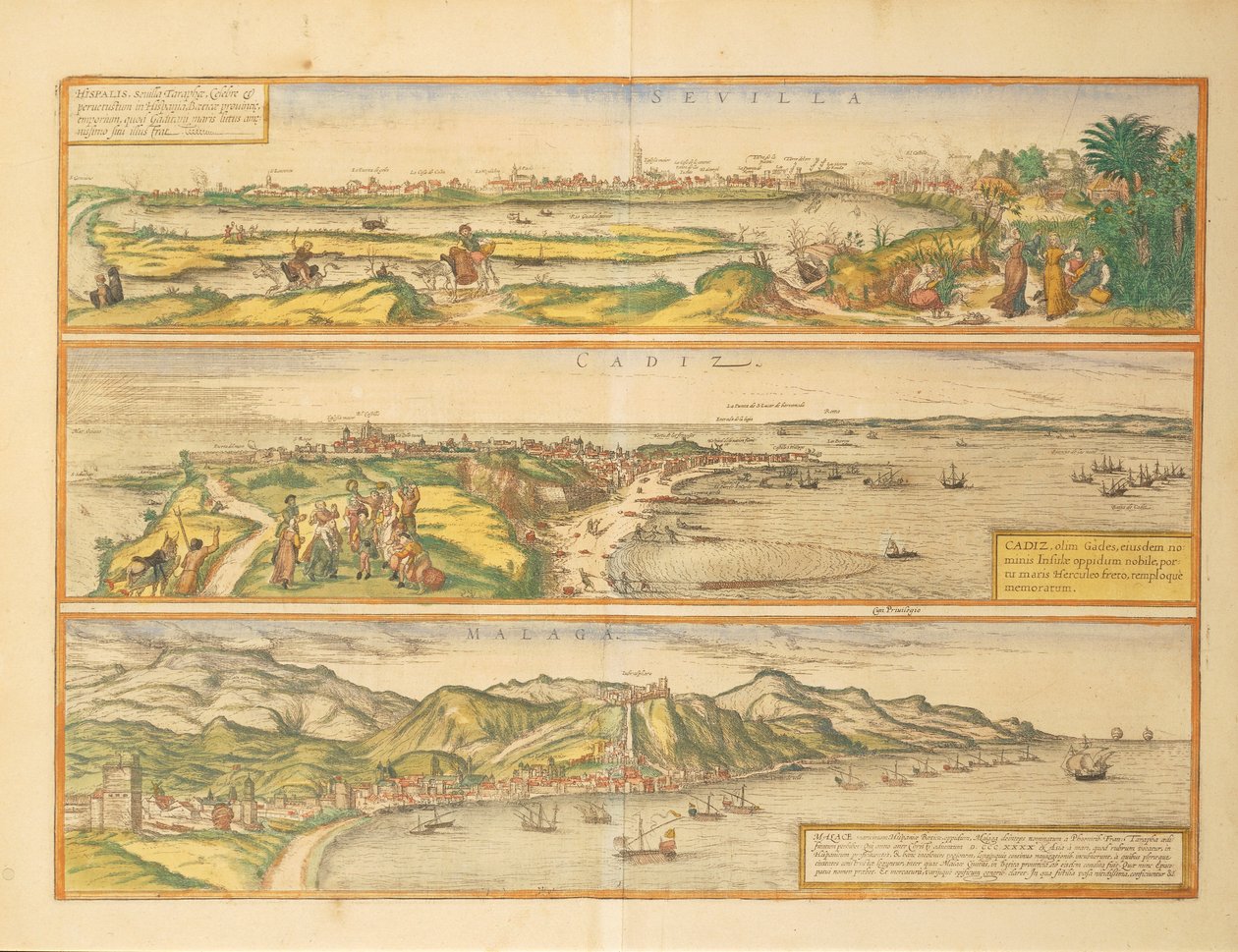 ゲオルグ・ブラウンの「Civitates Orbis Terrarum」より、スペインのセビリア、カディス、マラガの地図。 作： フラン