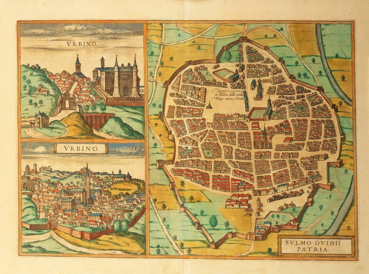 ゲオルグ・ブラウンの『Civitates Orbis Terrarum』から、イタリアのアブルッツォ州とマルケス州にあるウルビーノとスルモナの地図。 作： フラン