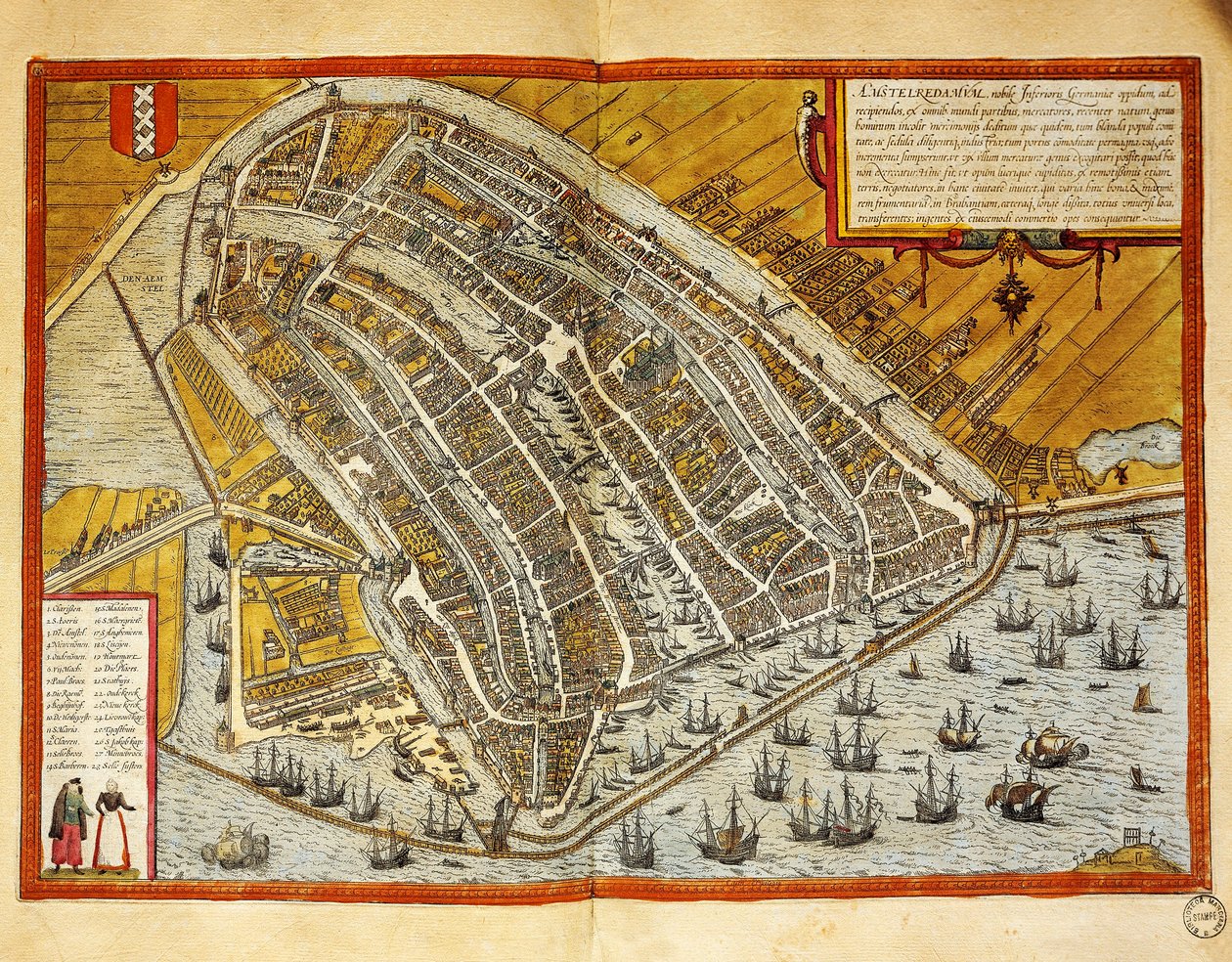 オランダ、ゲオルク・ブラウン（1541-1622）とフランツ・ホーゲンベルク（1535-1590）の『Civitates Orbis Terrarum』からアムステルダムの地図、エングレービング 作： フラン