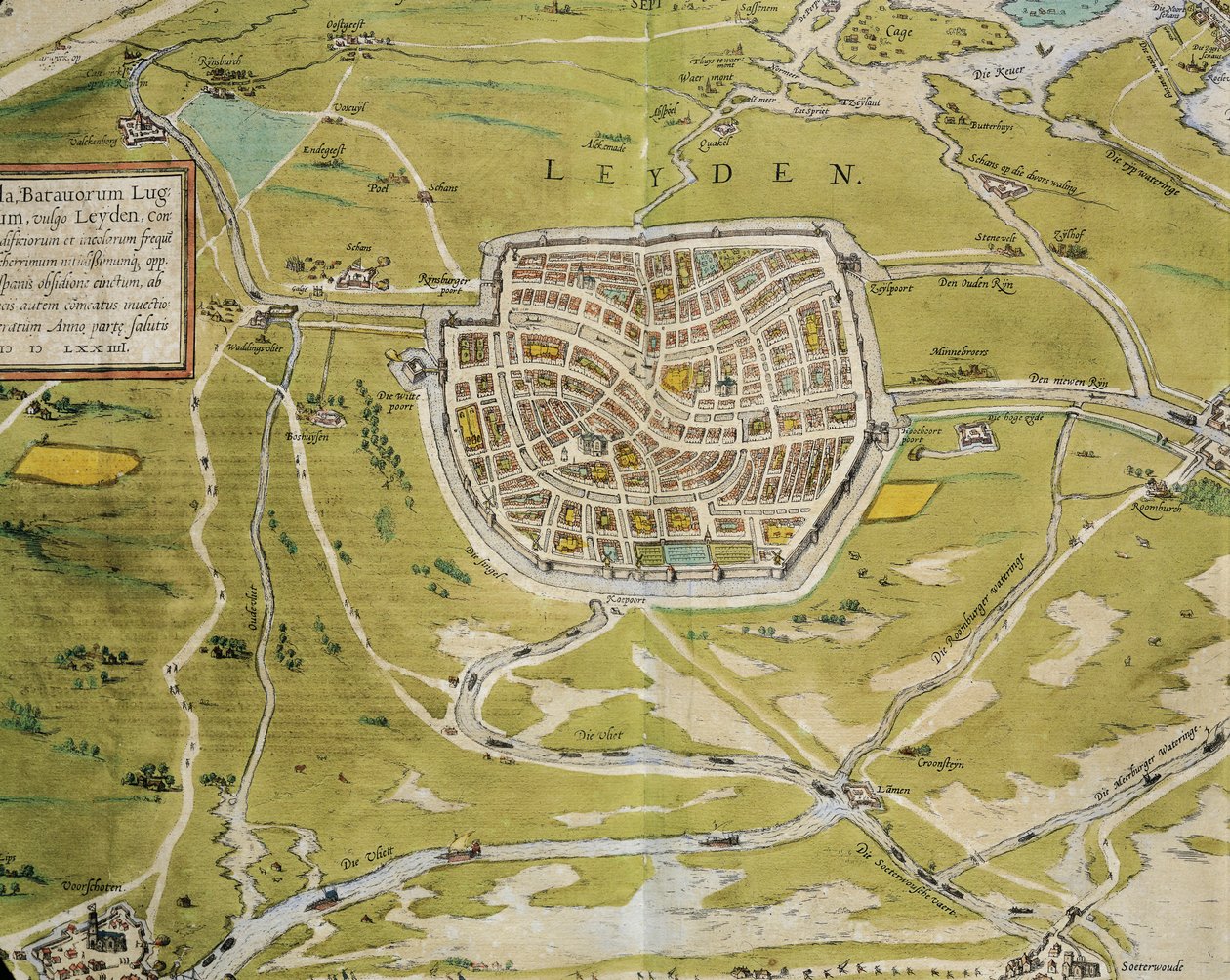オランダ、ケルンのゲオルク・ブラウン（1541-1622）とフランツ・ホーゲンベルグ（1540-1590）の『Civitates Orbis Terrarum』からライデンの都市と地域を描いた地図、エングレーヴィング 作： フラン