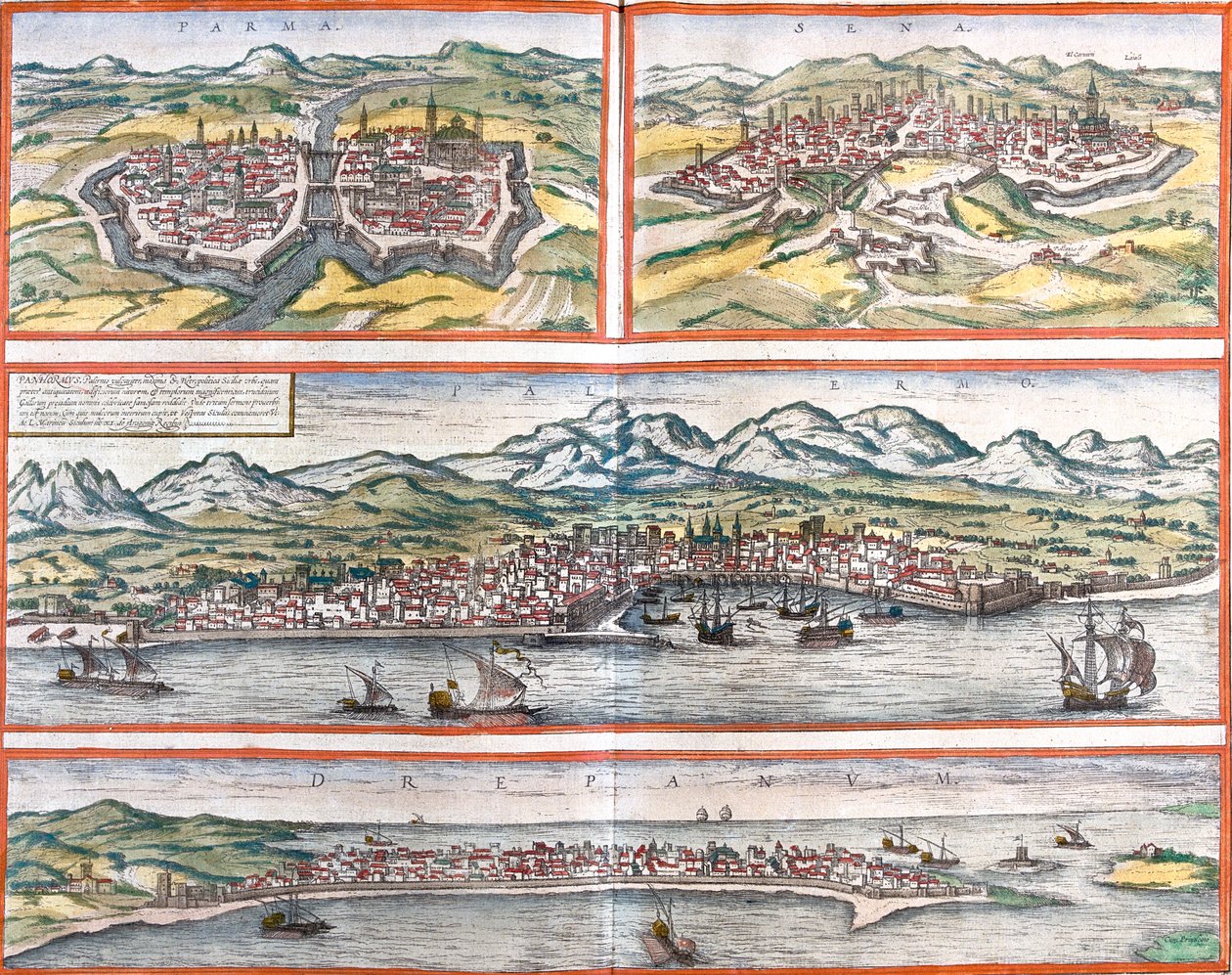 イタリア、パルマ、シエナ、パレルモ、トラーパニ 作： ゲオルクとホーゲンベルク フランツ (1535-90) ブラウン