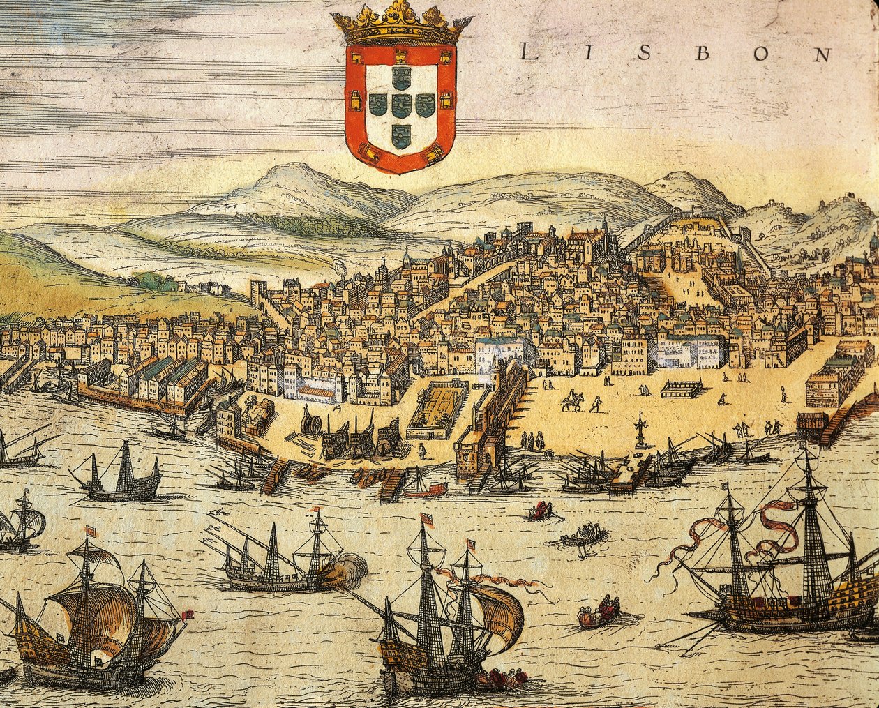 ゲオルク・ブラウンとフランツ・ホーゲンベルグの『Civitates Orbis Terrarum』よりリスボン市の地図、彫刻 作： フラン