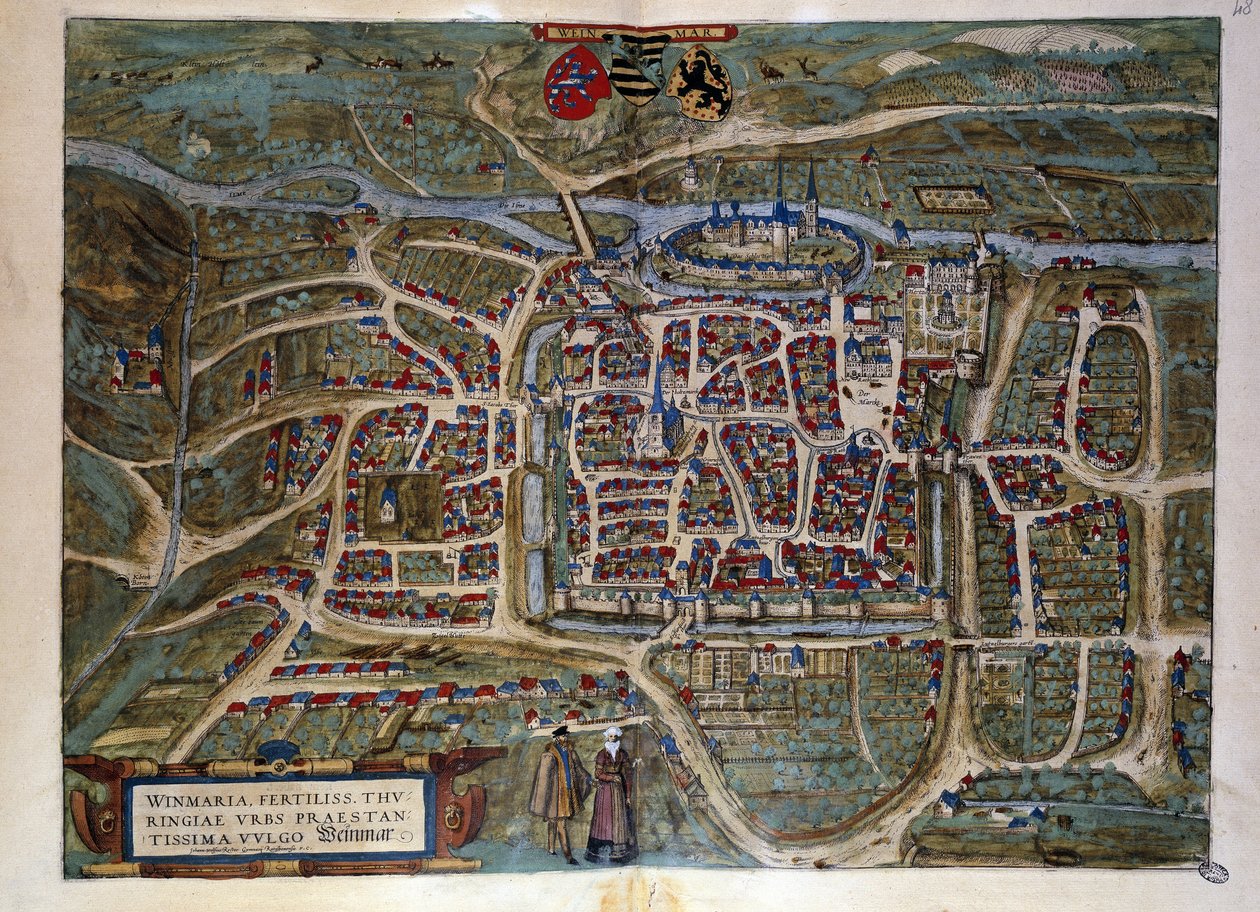 ドイツの都市ワイマールの地図。1572年「ブラウンとホーゲンベルグ」のアトラスからの版画 作： フラン