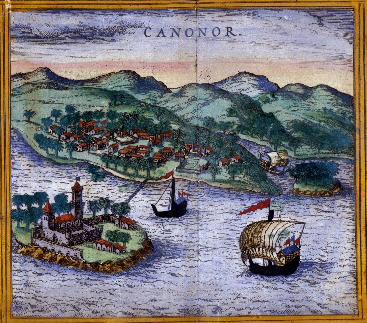 ブラウンとホーゲンベルグによる "Civitates Orbis Terrarum "版に掲載されたインドのカノナー（またはカンナノーレ）の風景 作： フラン