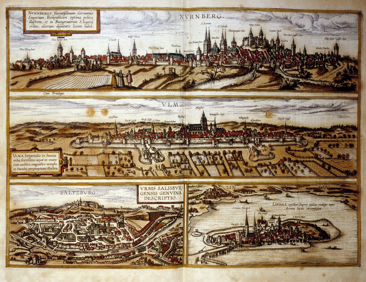 ドイツの都市ニュルンベルクとウルム、オーストリアのザルツブルグの眺め。1572年「ブラウンとホーゲンベルグ」のアトラスからのエングレーヴィング 作： フラン