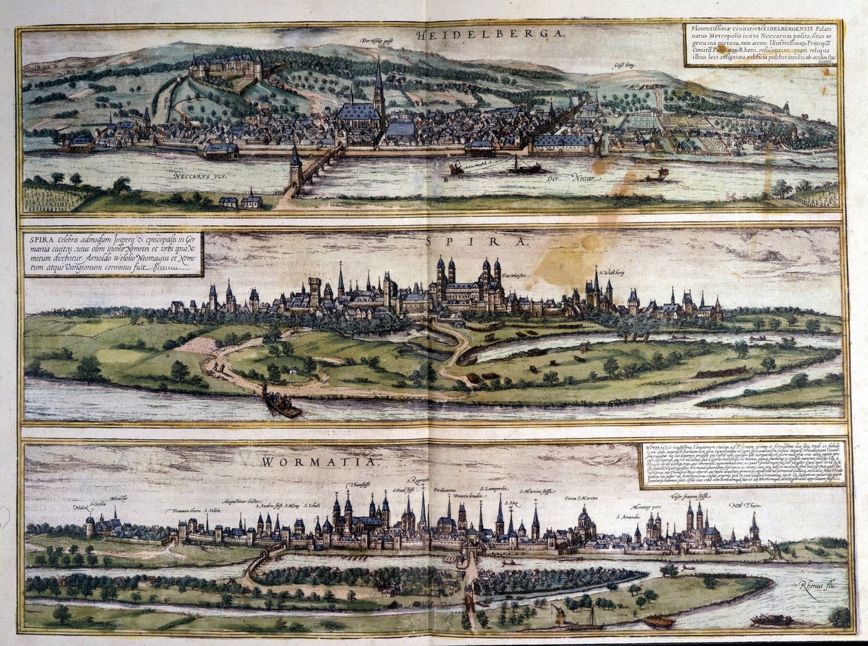 ドイツの3つの都市の風景：ハイデルベルグ、スパイア、ワームス。ブラウンとホーゲンベルグのアトラス。1550. 作： フラン