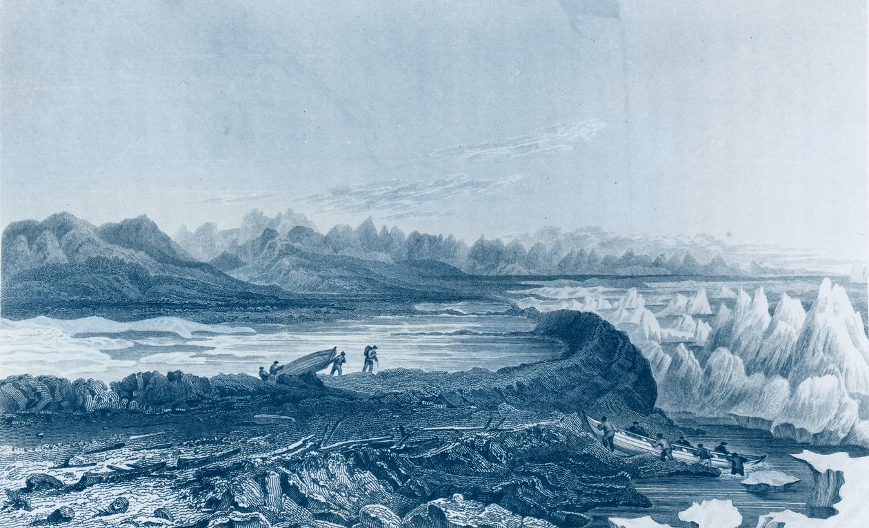 エドワードフィンデンによって刻まれたサージョンフランクリン（1786-1847）による「1819-22年の極地の海の海岸への旅の物語」から、コニーベア山の向かいのリーフを横切ってボートを発進させる 作： ジョージ・バック