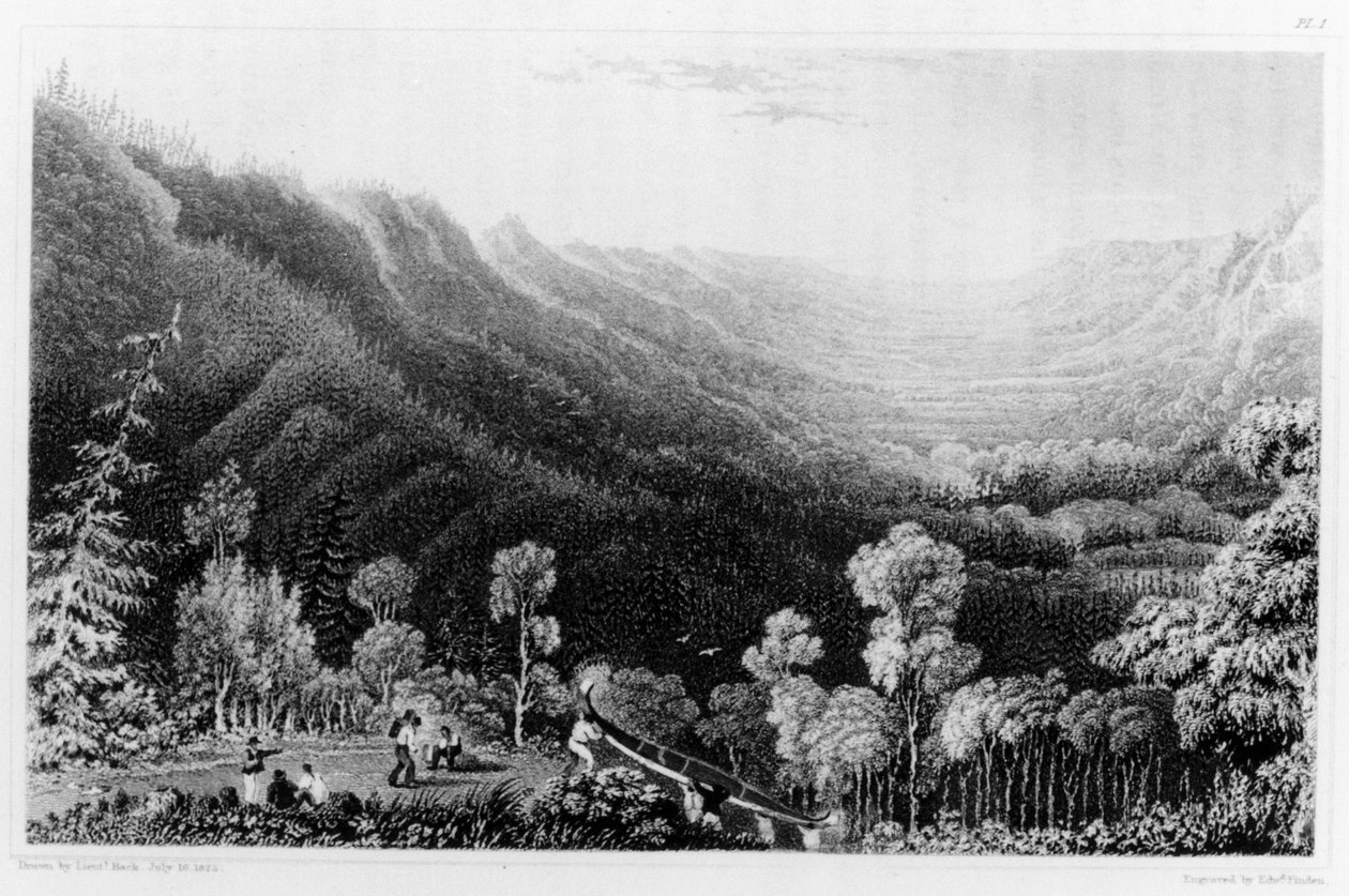 1828年に出版されたエドワードフィンデンによって彫刻された「北極海の海岸への2番目の遠征の物語」からのカナダ、クリアウォーター川のポーテージからの眺め 作： ジョージ・バック