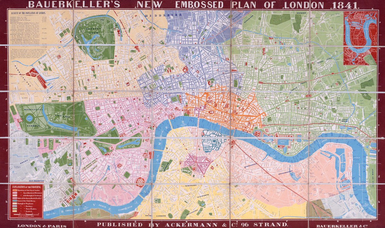 Bauerkeller&39;s New、Embossed、Plan of London、1841（カラーリトグラフ） 作： ジョージ・バウアーケラー