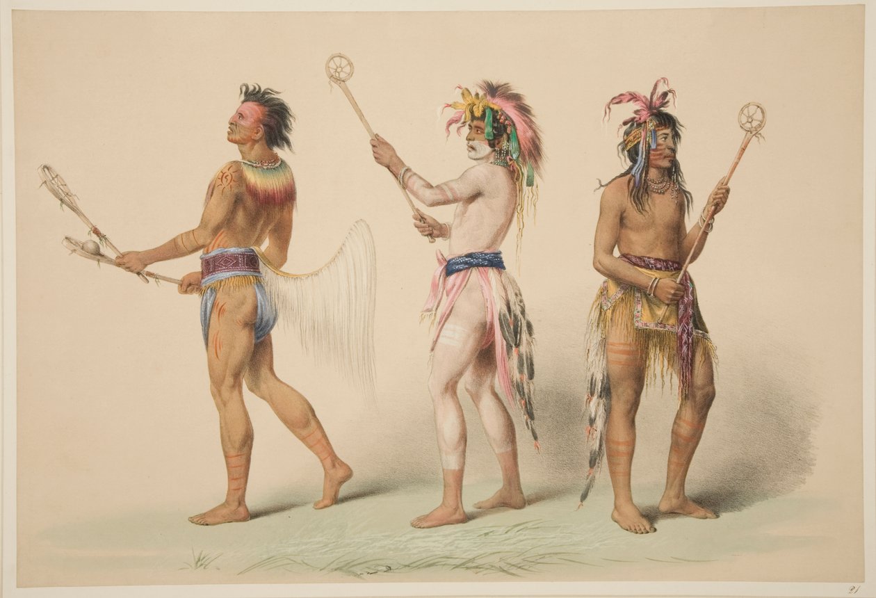 ラクロスプレーヤーのイラスト、北アメリカインディアンのマナー、習慣、条件のイラスト、ロンドン、1845年（手描きの彫刻） 作： ジョージ・カトリン