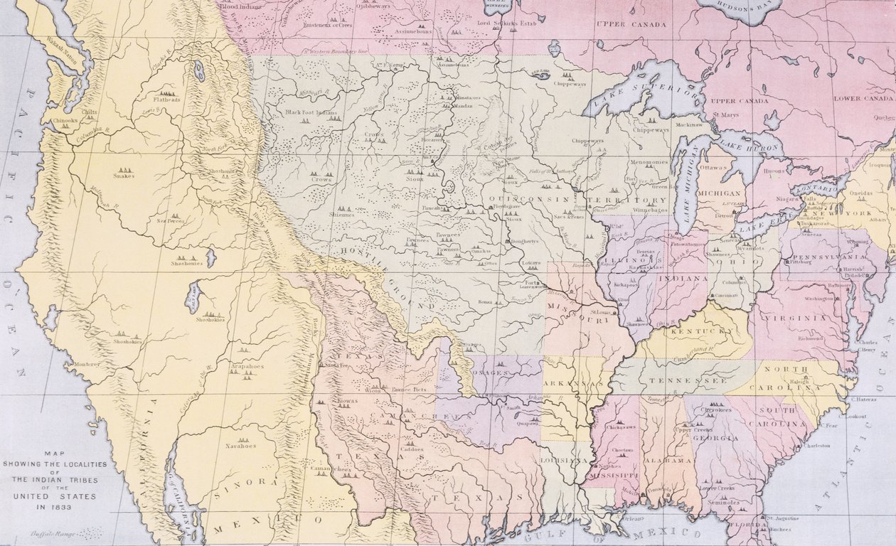 1833年にアメリカのインディアン部族の地域を示した地図、「北アメリカのインディアン部族、第3巻」からのイラスト、トーマスL.マッケニーとジェームズホール、パブ。ジョン・グラント（カラーリソ） 作： ジョージ・カトリン