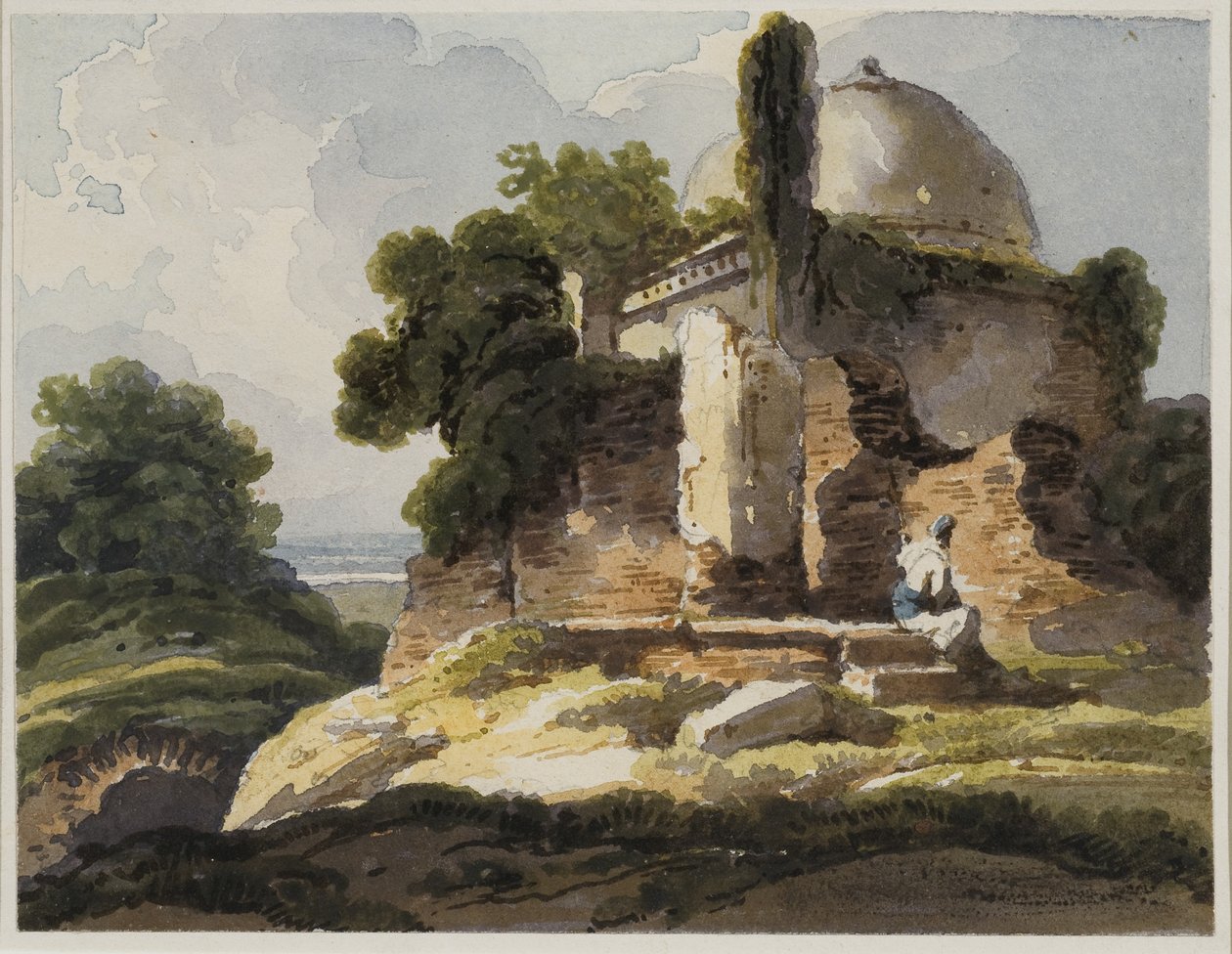 イスラム教のドーム型墓のある風景、1819年（紙にトイレ） 作： ジョージ・チナリー