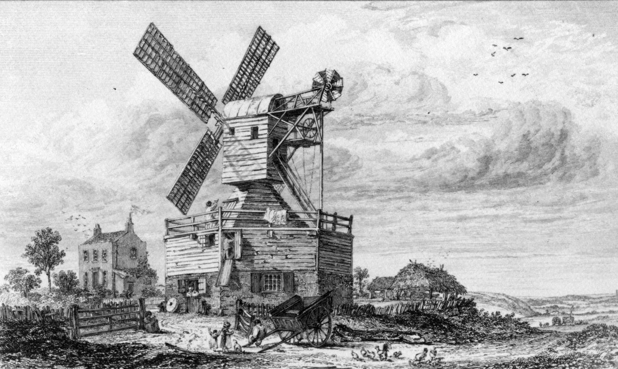 ウィンブルドンコモンの製粉、「ロンドンのコークスビューとその周辺」、1826-34年 作： ジョージクック