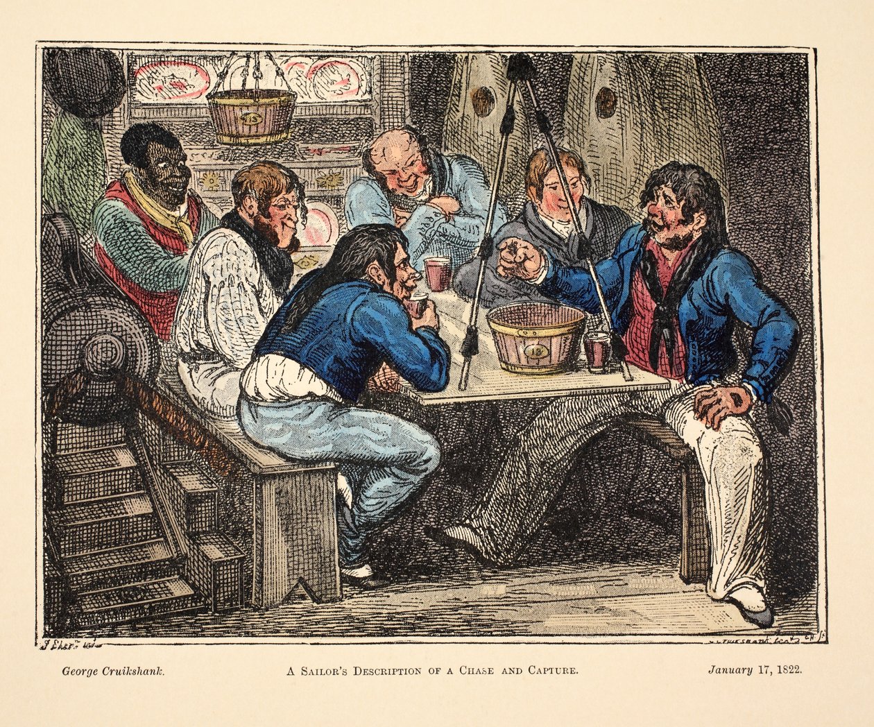 船乗りの追跡と捕獲の説明、パブ。 1822（手塗りの彫刻） 作： ジョージ・クルクシャンク