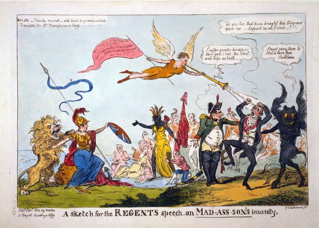 Mad-Ass-Sonの狂気、パブでの摂政演説のスケッチ。 1812（手塗りの彫刻） 作： ジョージ・クルクシャンク