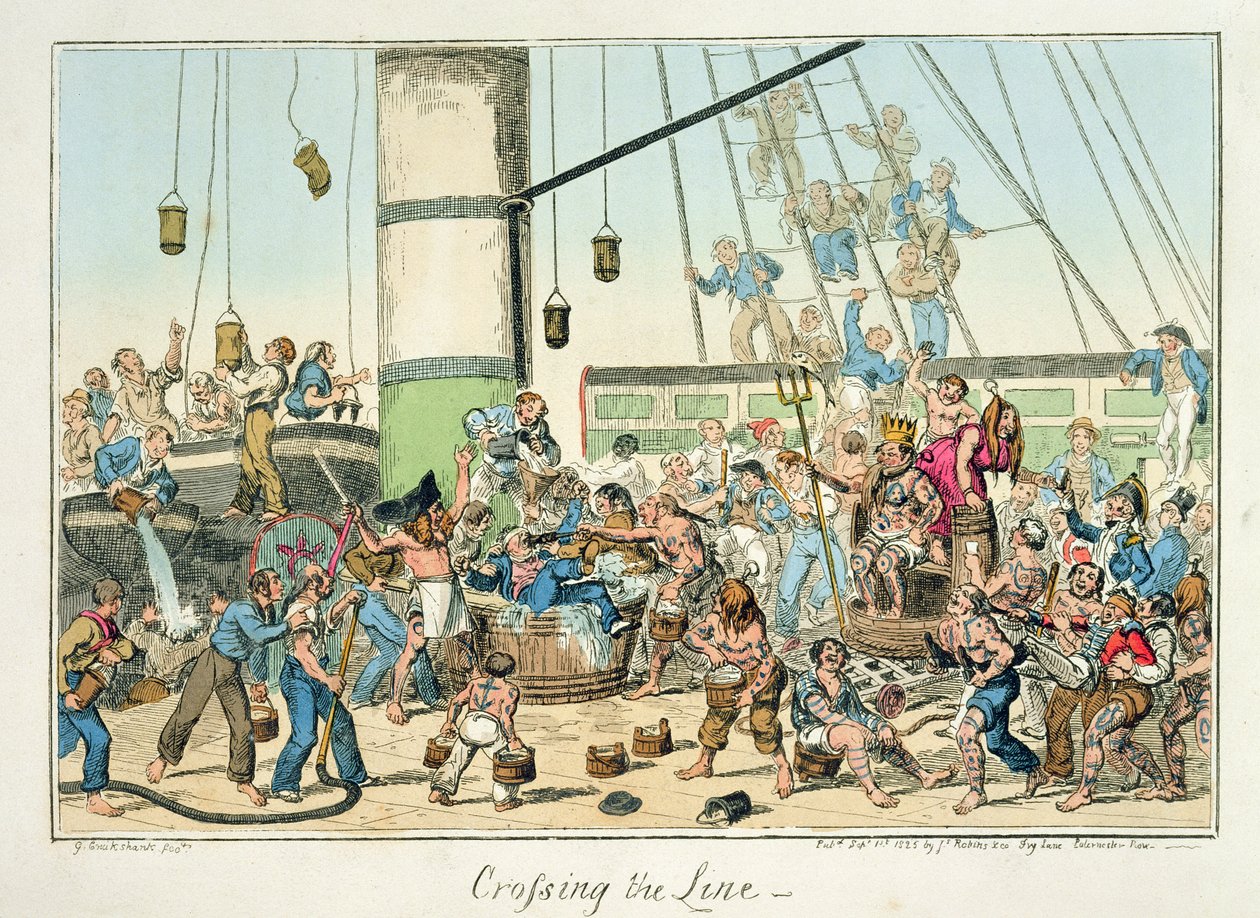 「クロッシング・ザ・ライン」、海軍での生活に関する一連の版画のイラスト、1825 作： ジョージ・クルクシャンク