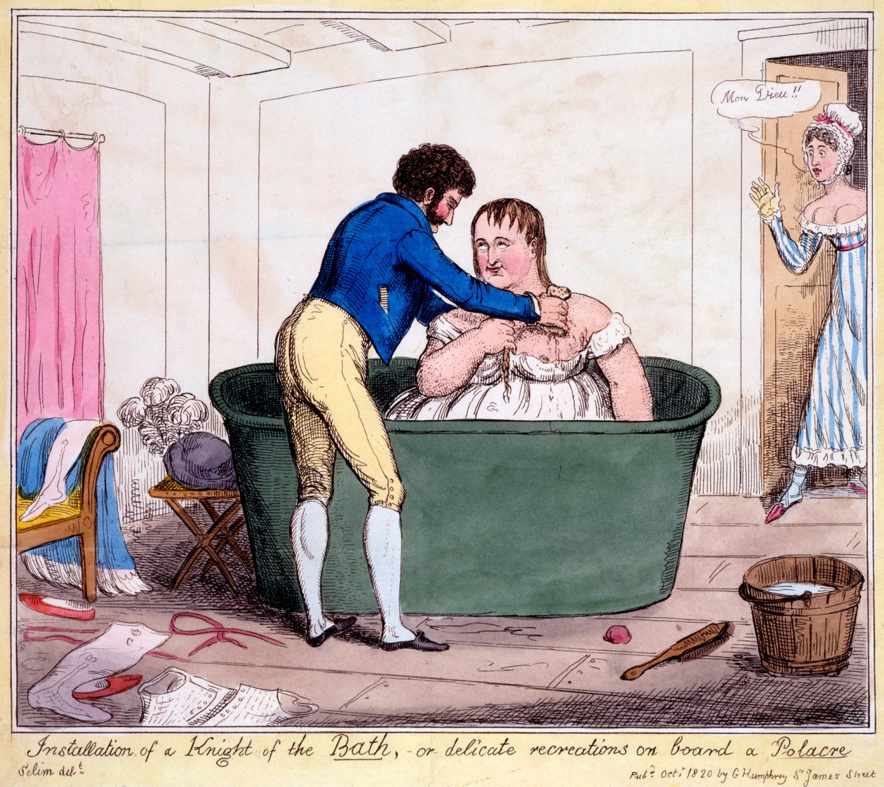 1820年のポラカー船上でのバスの騎士の設置、または繊細なレクリエーション（手描きの彫刻） 作： ジョージ・クルクシャンク