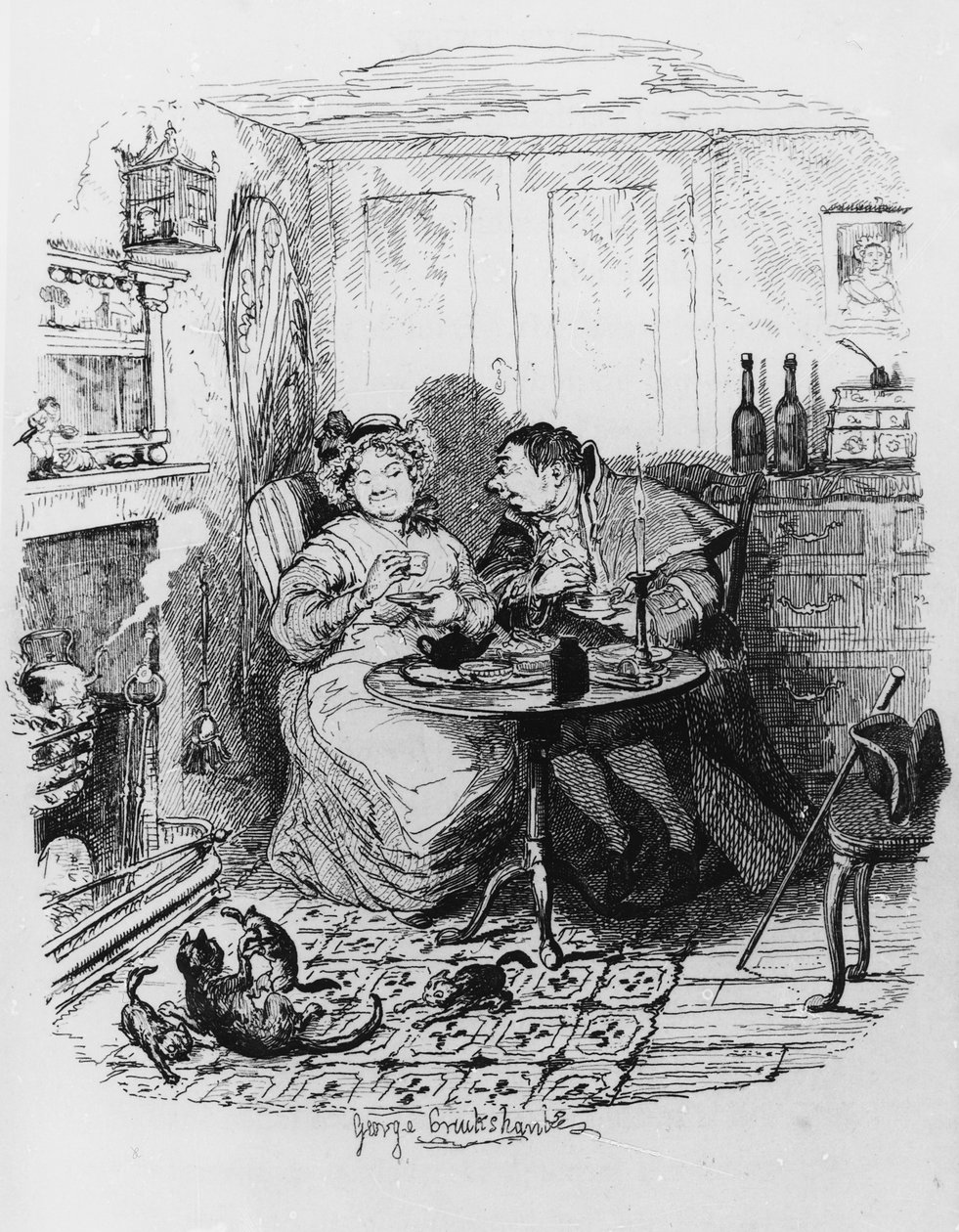 チャールズディケンズの「オリバーツイストの冒険」（1812-70）1838年、バンブル氏とコーニー夫人がお茶を飲む 作： ジョージ・クルクシャンク