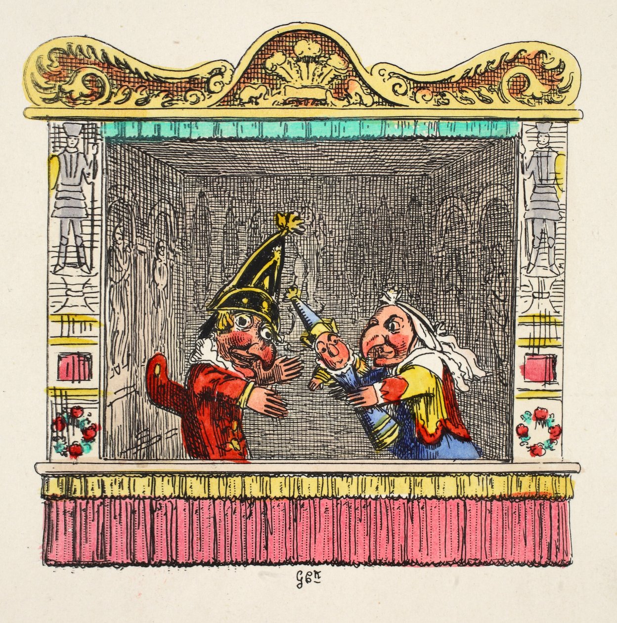 パブ「パンチとジュディ」のパンチとジュディと子供。 1827年（手描きの彫刻） 作： ジョージ・クルクシャンク