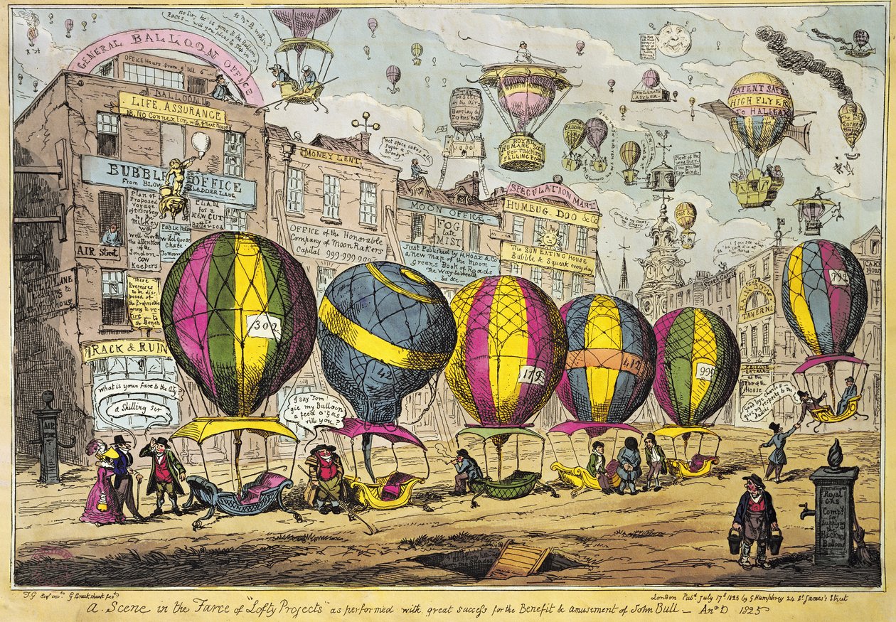 ジョンブルの給付金と娯楽のために大成功を収めて実行された茶番劇「Lofty Prospects」のシーン、1825年（カラーエッチング） 作： ジョージ・クルクシャンク
