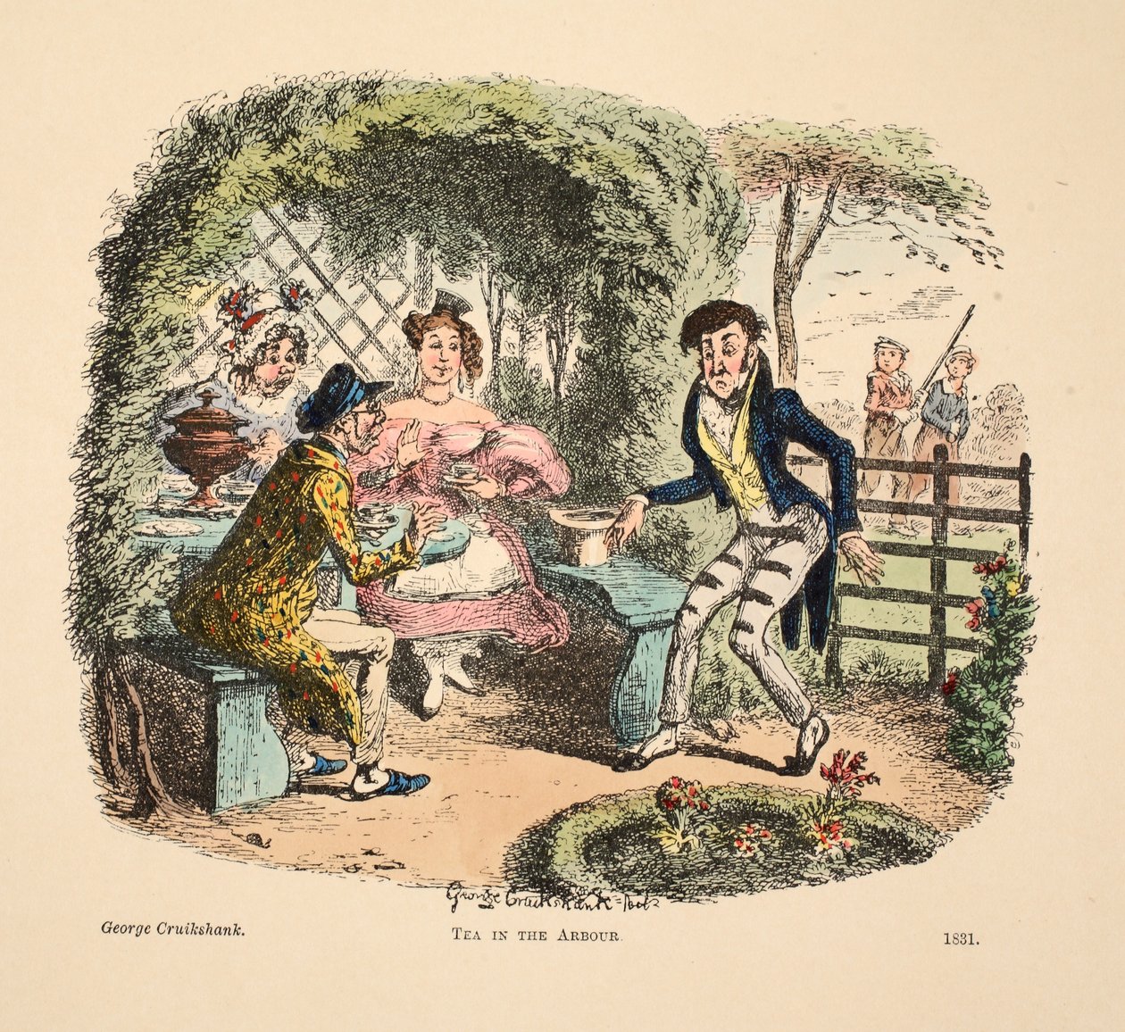 アーバー、パブでお茶。 1831（手描きの彫刻） 作： ジョージ・クルクシャンク