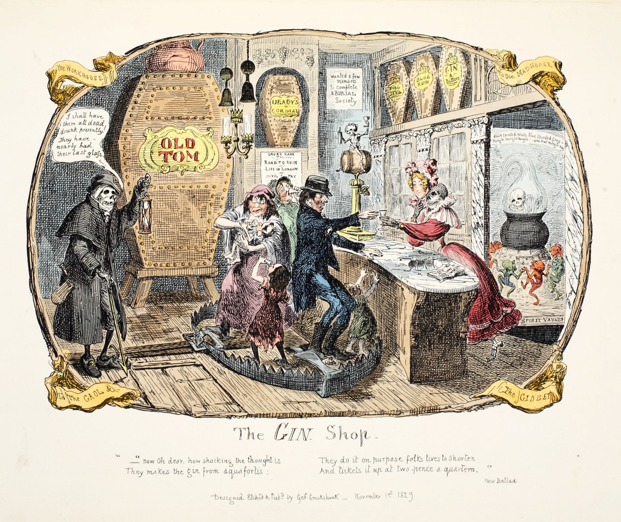 ジンショップ、パブ。 1829年（手描きの彫刻） 作： ジョージ・クルクシャンク