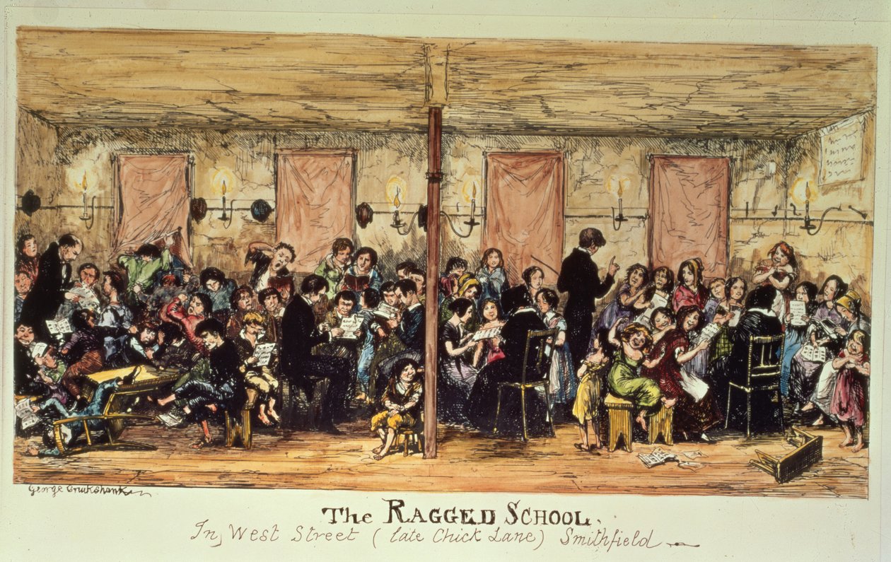 The Ragged School、West Street（以前のChick Lane）、Smithfield（印刷） 作： ジョージ・クルクシャンク