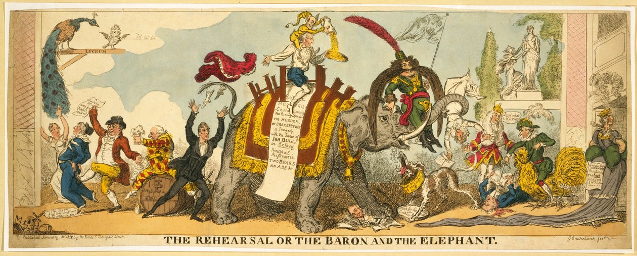 リハーサルまたは男爵と象、パブ。 1812（手描きの彫刻） 作： ジョージ・クルクシャンク