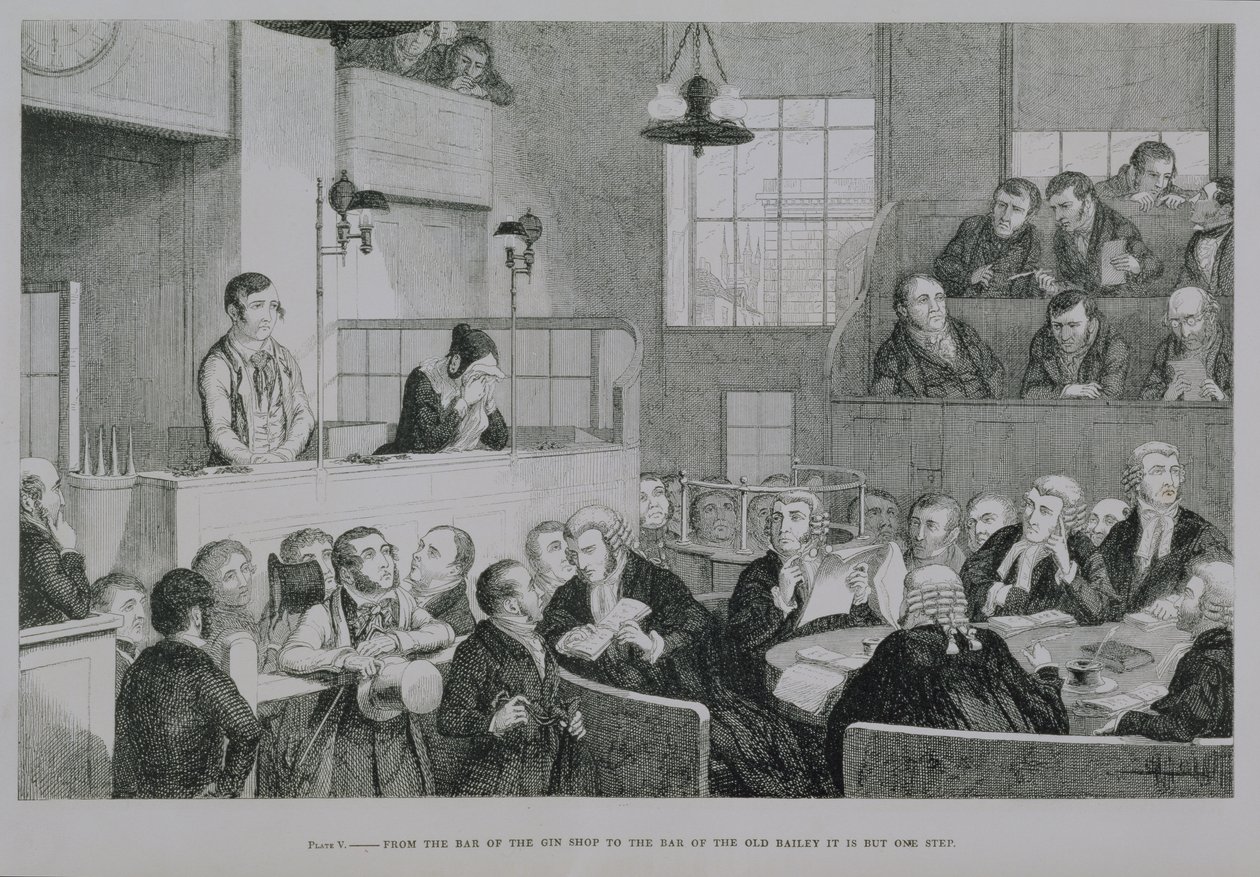 オールドベイリーでの試練、「The Drunkard&39;s Children」のプレート5、1848 作： ジョージ・クルクシャンク