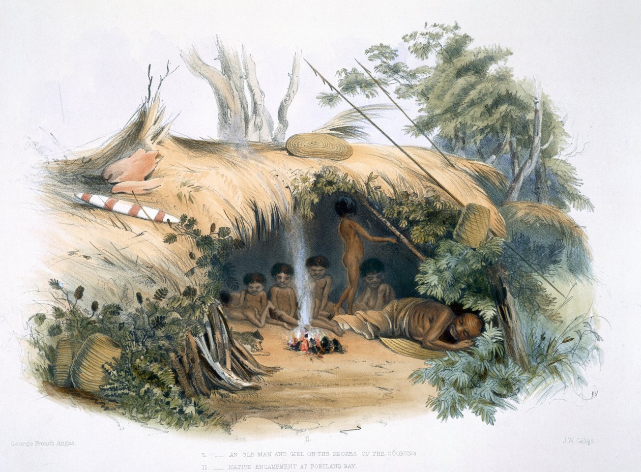 アボリジニの住民II。 1847年に出版された「オーストラリア南部のイラスト」からのポートランドベイのネイティブキャンプ、「コールドモーニング」とその家族（手書きの彫刻） 作： ジョージフレンチアンガス