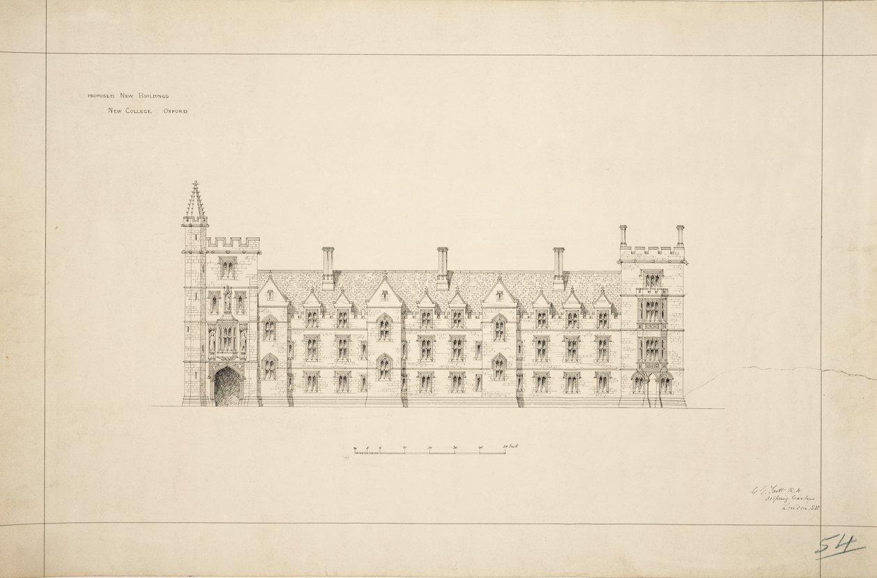 New College Oxford：Proposed New Buildings、1870-79（紙にインク） 作： ジョージ・ギルバート・スコット