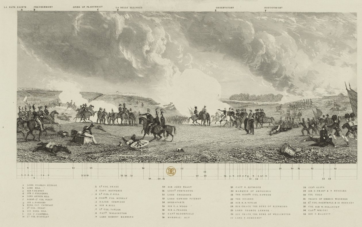 1849年3月21日、J。ホガースから出版されたJTウィルモアによる彫刻「ウォータールーの戦い、1815年」の要点 作： ジョージ・ジョーンズ
