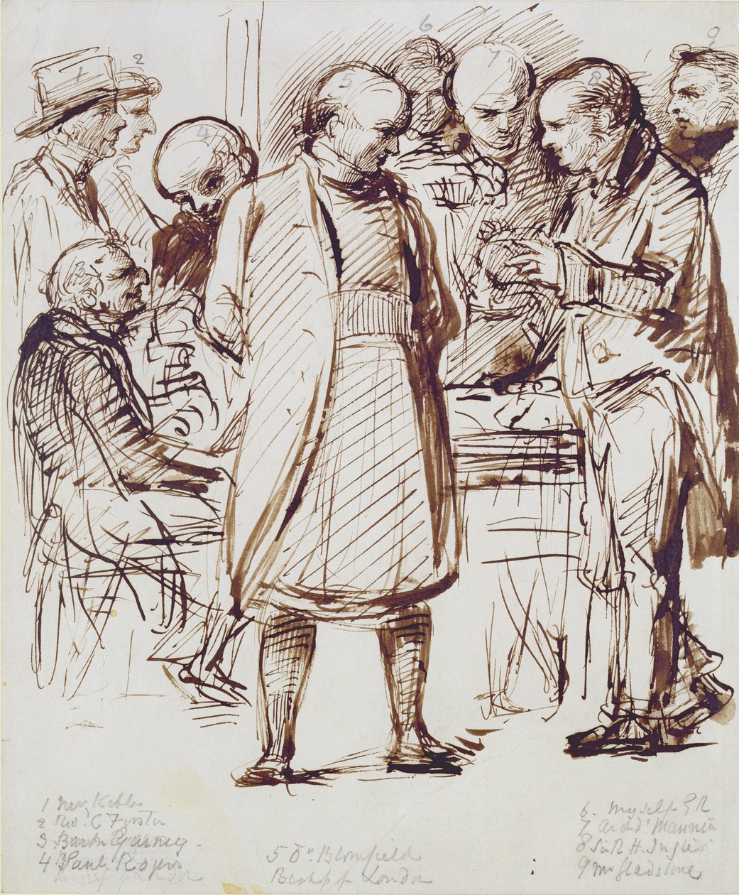 ジョンケブル（1792-1866）とウィリアムグラッドストーン（1809-98）を含む教会員と政治家のグループ。フラム宮殿のロンドン司教（ペン、茶色のインクと切り株）と会話 作： ジョージ・リッチモンド