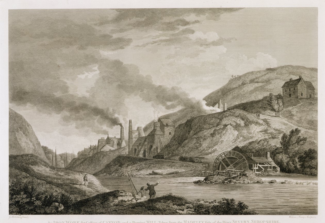 Wilson Lowry（1762-1824）1788によって彫刻された、シュロップシャー州セバーン川のマデリー側から撮影された大砲の鋳造のための鉄工およびボアリングミル 作： ジョージ・エドワード・ロバートソン