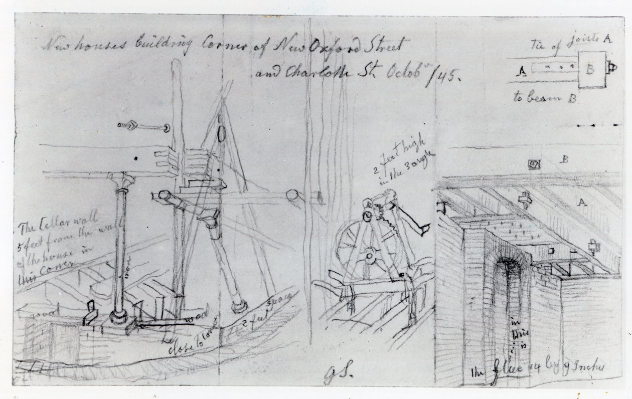 1845年、ニューオックスフォードストリートとシャーロットストリートの角に新しい家を建てる 作： ジョージ・スナー・シャープ