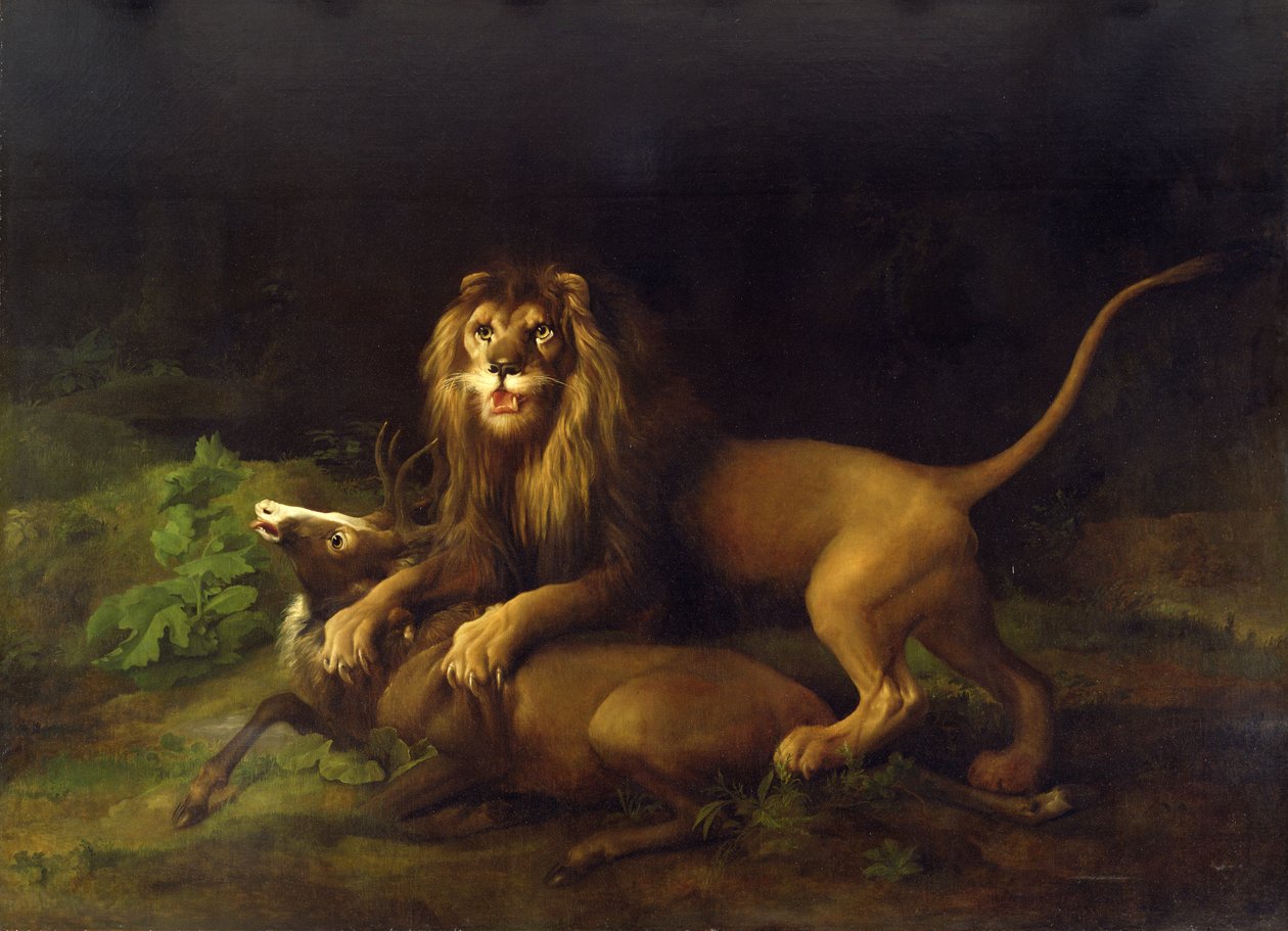 クワガタを襲うライオン、c.1765 作： ジョージ・スタッブス