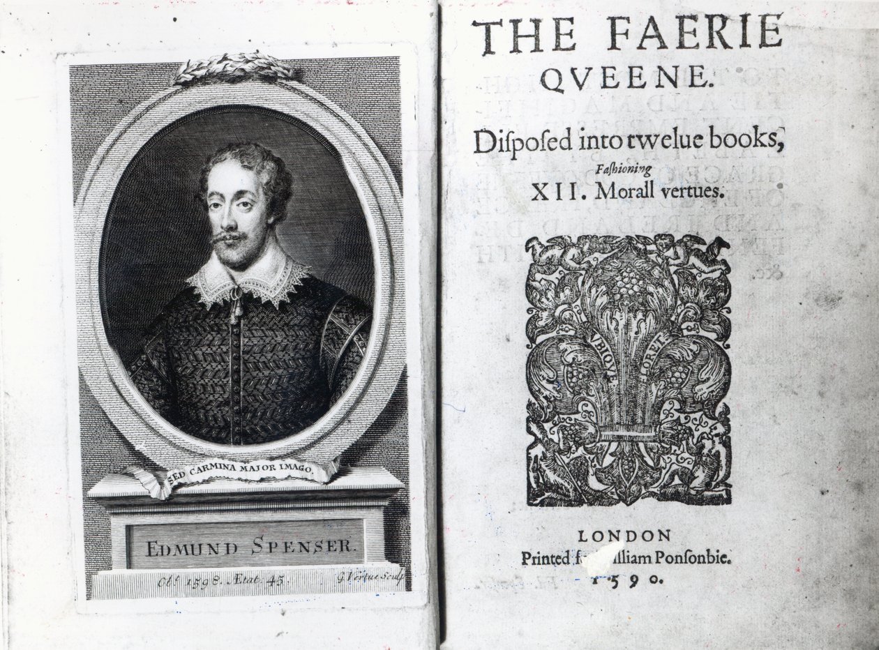 エドマンドスペンサーの肖像と彼の詩「The Faerie Queene」の前編、1590年に出版されたもの 作： ジョージ・バーチュー