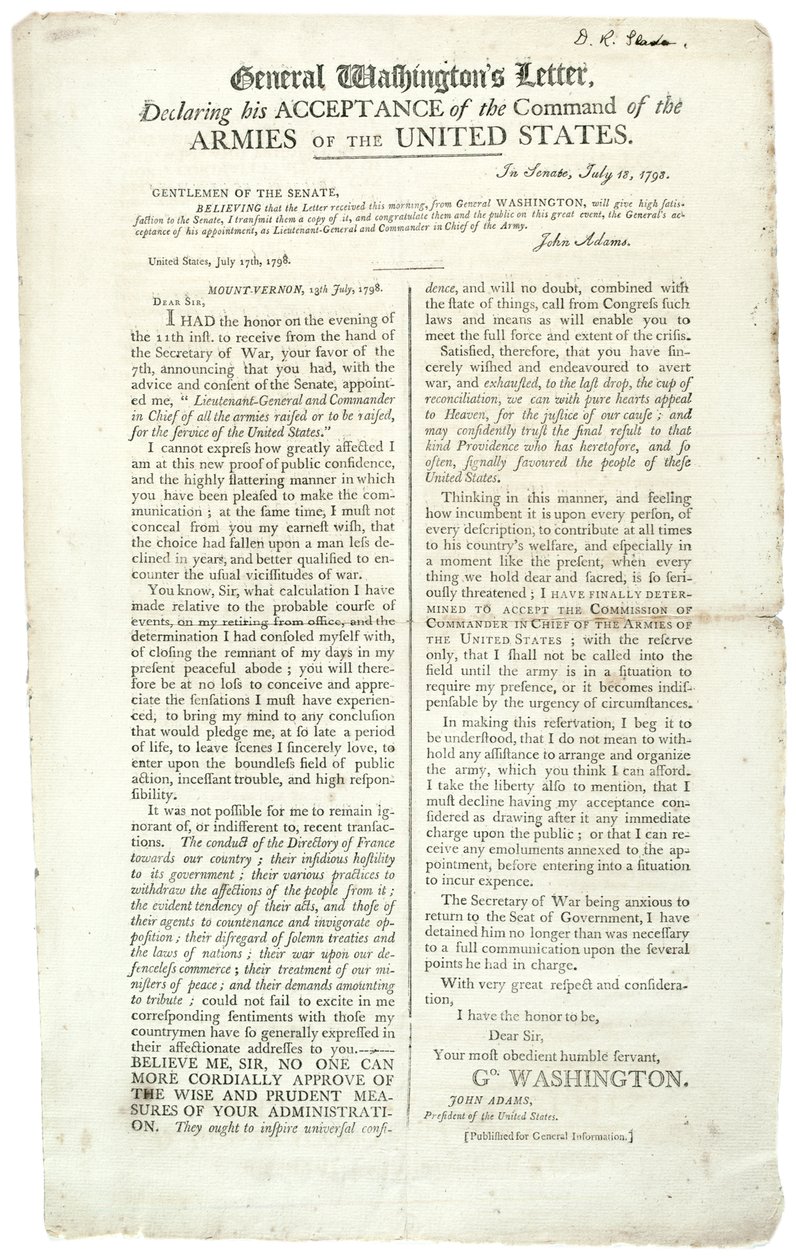 1798年7月18日、コマンドの受諾を宣言するワシントン将軍の手紙 作： ジョージ・ワシントン