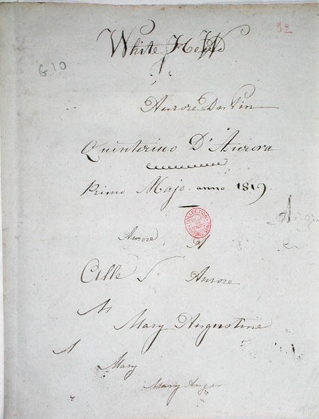 白いヒュー」オーロレ・デュパンのノート原稿のタイトルページ、サイン入り、1819年5月（紙にペン＆インク） 作： ジョージ・サンド