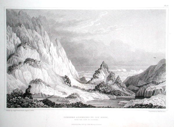 サー・ジョン・フランクリン（1786-1847）の「Narrative of a Journey to the Shores of the Polar Sea in the Years 1819-22」より、氷の岩礁に付着した氷山と海側の風景（エドワード・フィンデン（1791-1857）が1823-28年に出版したエングレービング） 作： ジョージ（後）戻る